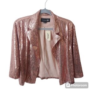 *NWT Forever 21 Rose Gold Pink Sequin Open Front Blazer Jacket Size Small